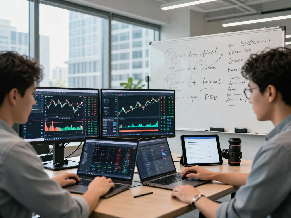 Multi-ticker Taiwan stock API monitoring in a modern tech workspace with coding screens and data analysis tools.