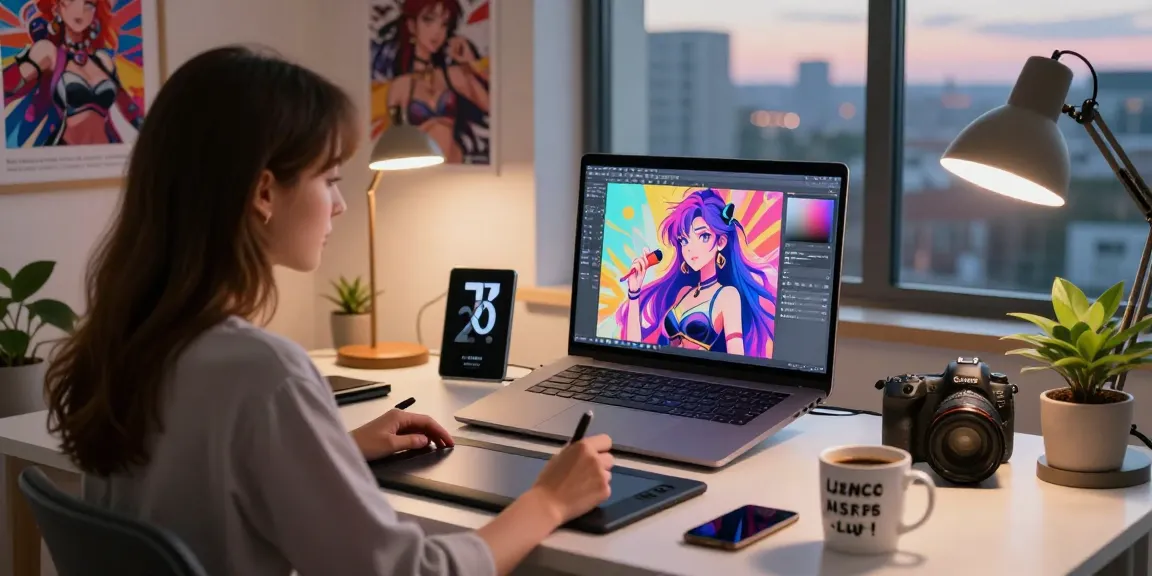 Young woman creating NSFW AI art in a modern workspace, showcasing vibrant digital art and creative tools.