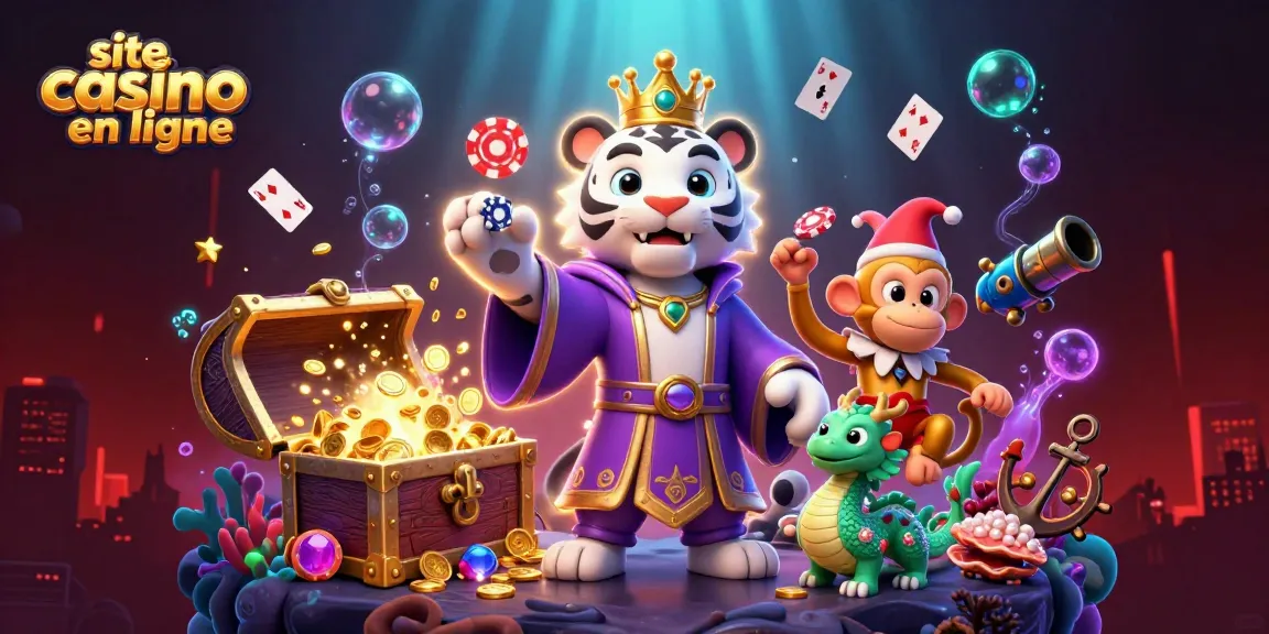 Venez découvrir le site casino en ligne avec un tigre majestueux, un singe joueur et des éléments de jeu captivants.