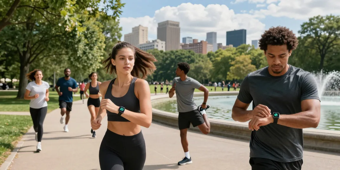 Set smartwatch fitness dengan https://www.polarfitbitshop.com/fitbit-luxe/ saat orang berolahraga di taman kota yang indah.