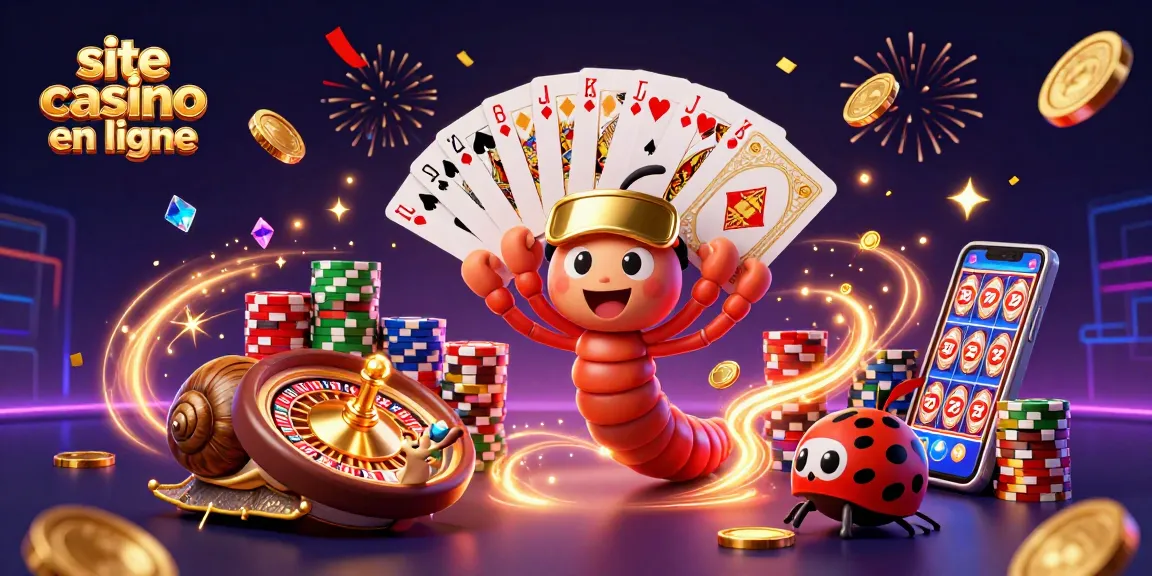 Animation de casino en ligne avec un mille-pattes, un escargot et une boule d'excitation, jouant aux cartes.