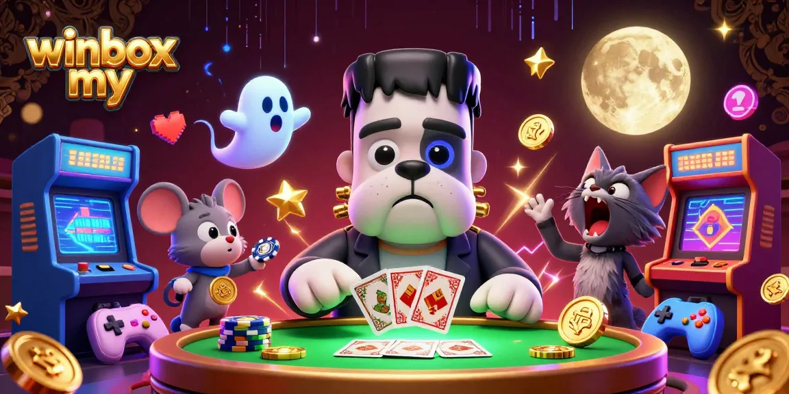 Experience thrilling gaming at winbox my with a cartoon bulldog dealer, immersive casino elements, and lively atmosphere.