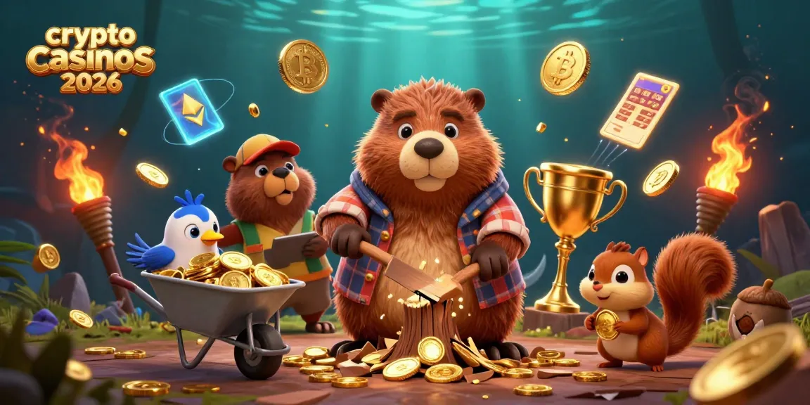 Découvrez les crypto casinos 2026 avec une illustration dynamique d'un castor, un oiseau et un écureuil collectant des pièces d'or et des cryptomonnaies.