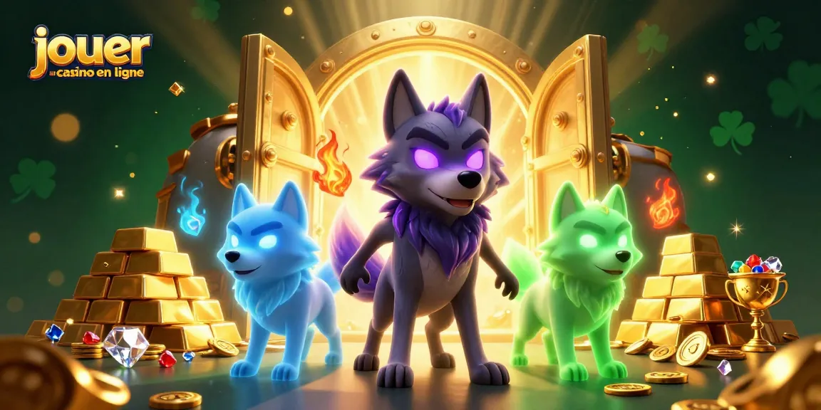 Jouer au casino en ligne avec une illustration 3D captivante de loups fantomatiques entourés de trésors dorés.