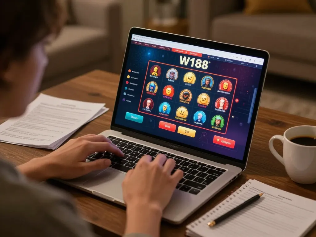 Engaging W188 online casino gaming experience on a laptop featuring live dealers and strategic notes.