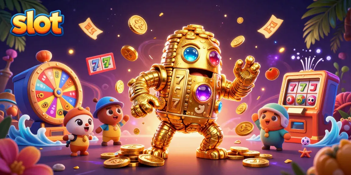 Spin winning slots with a vibrant golden golem amidst dynamic casino elements.