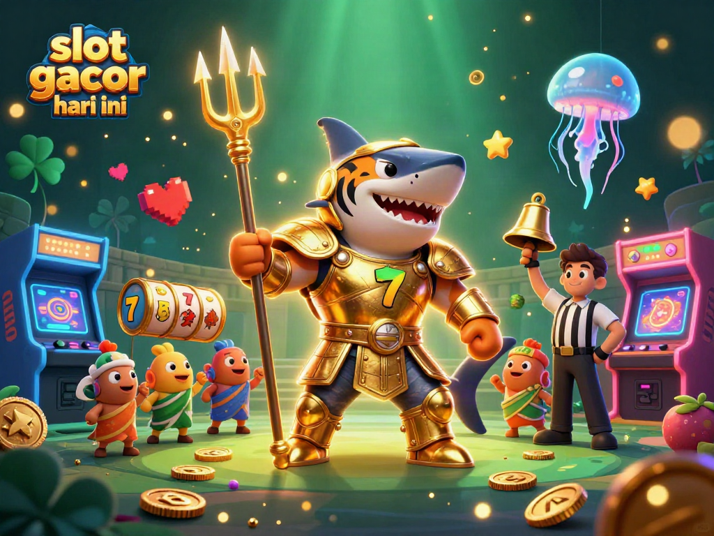 Engaging scene showcasing slot gacor hari ini with cartoon tiger shark, game elements, and vibrant underwater setting.