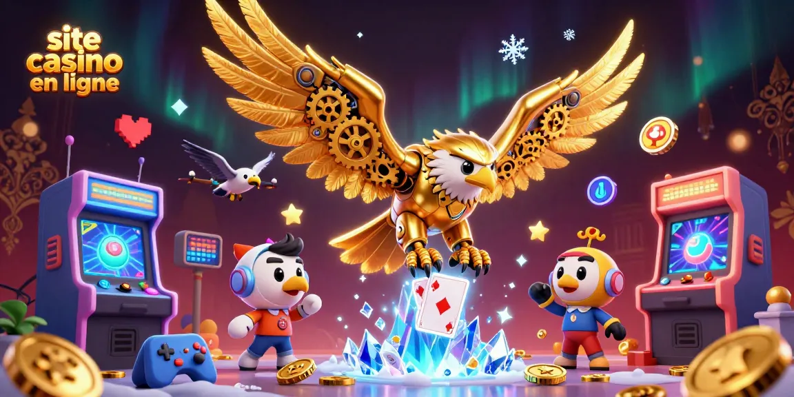 Découvrez le site casino en ligne avec un aigle cybernétique plongeant à travers des cartes holographiques.