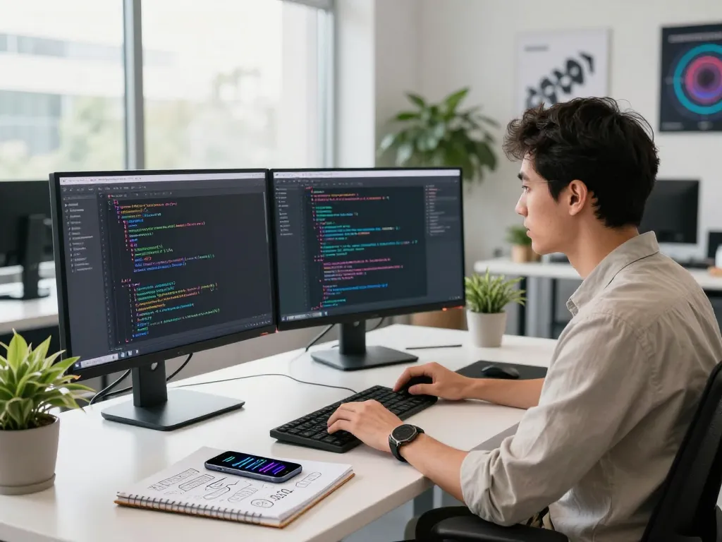 Developer using image to prompt generator in a modern tech workspace with dual monitors and bright natural light.