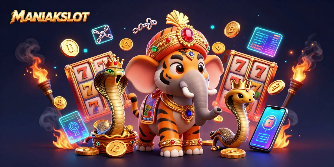 Spin the reels with MANIAKSLOT featuring a vibrant 3D scene of a jeweled elephant and royal characters.