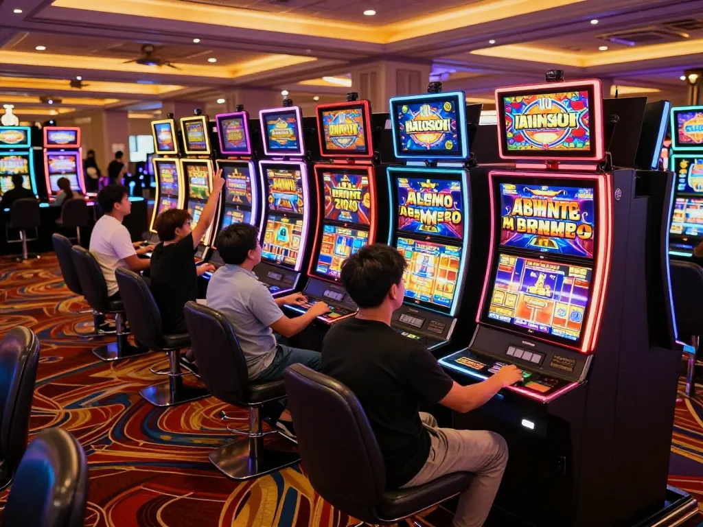 Engaged players celebrate wins on vibrant slot gacor machines in a lively casino.