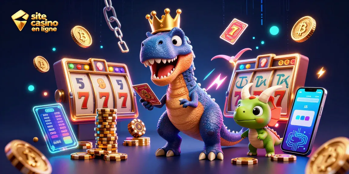 Gagnez sur un site casino en ligne avec un T-Rex jouant aux cartes et des jetons d'or.