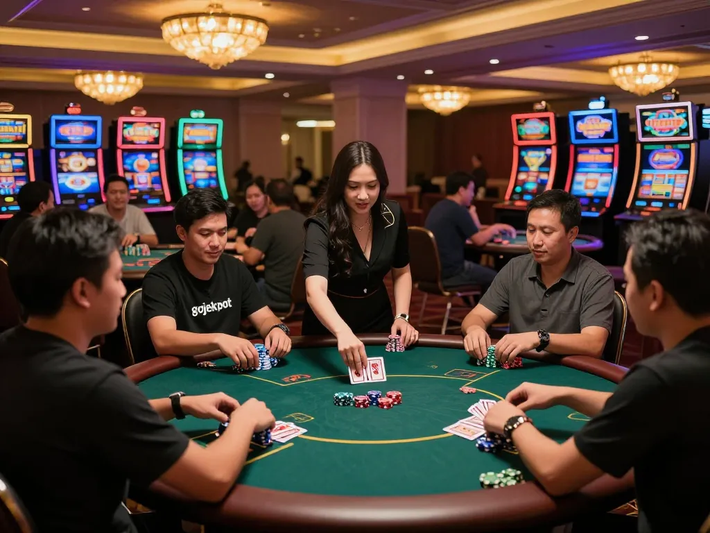 Engaging players in a competitive gojekpot poker session at a vibrant casino, showcasing bets and dealer action.