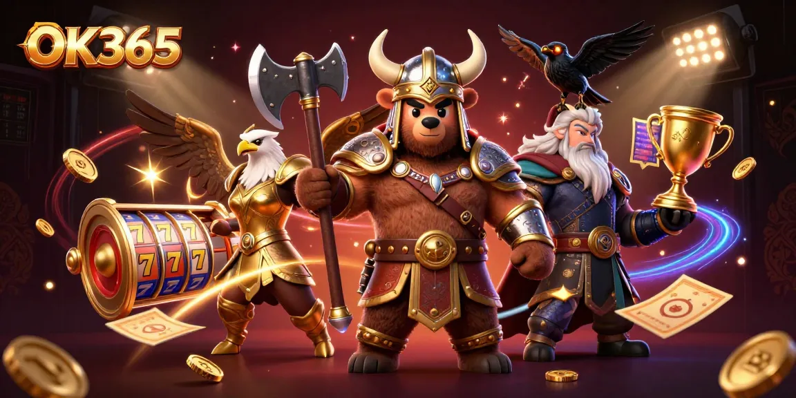 Play at OK365 with vibrant 3D elements and dynamic casino scenes, including slot reels.