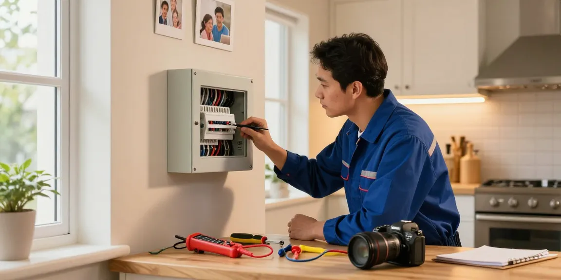 Electrician providing emergency electrical services in a residential setting, ensuring safety and maintenance.