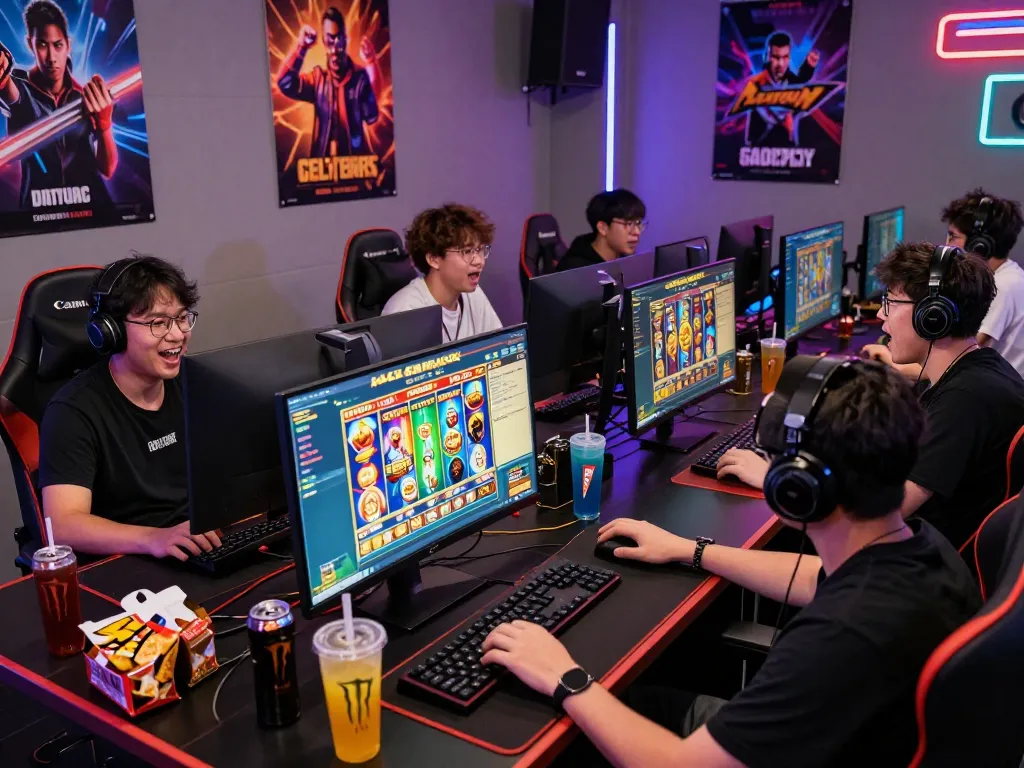 Group of gamers enjoying engaging slot gacor games on multiple screens.