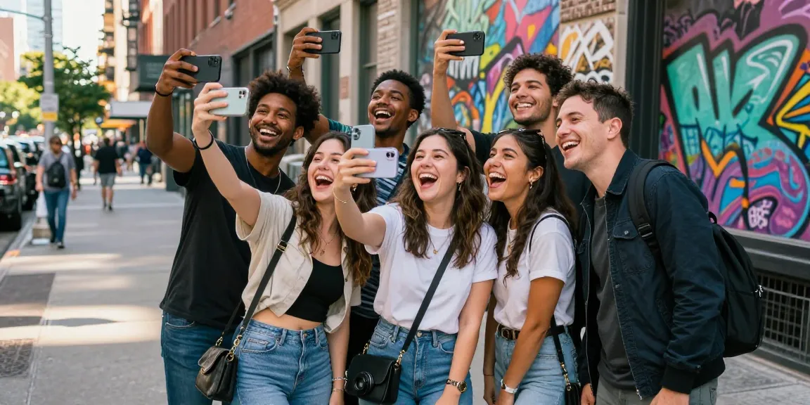 Celebrities look alike scene with friends enjoying their lookalike results outdoors in an urban setting.