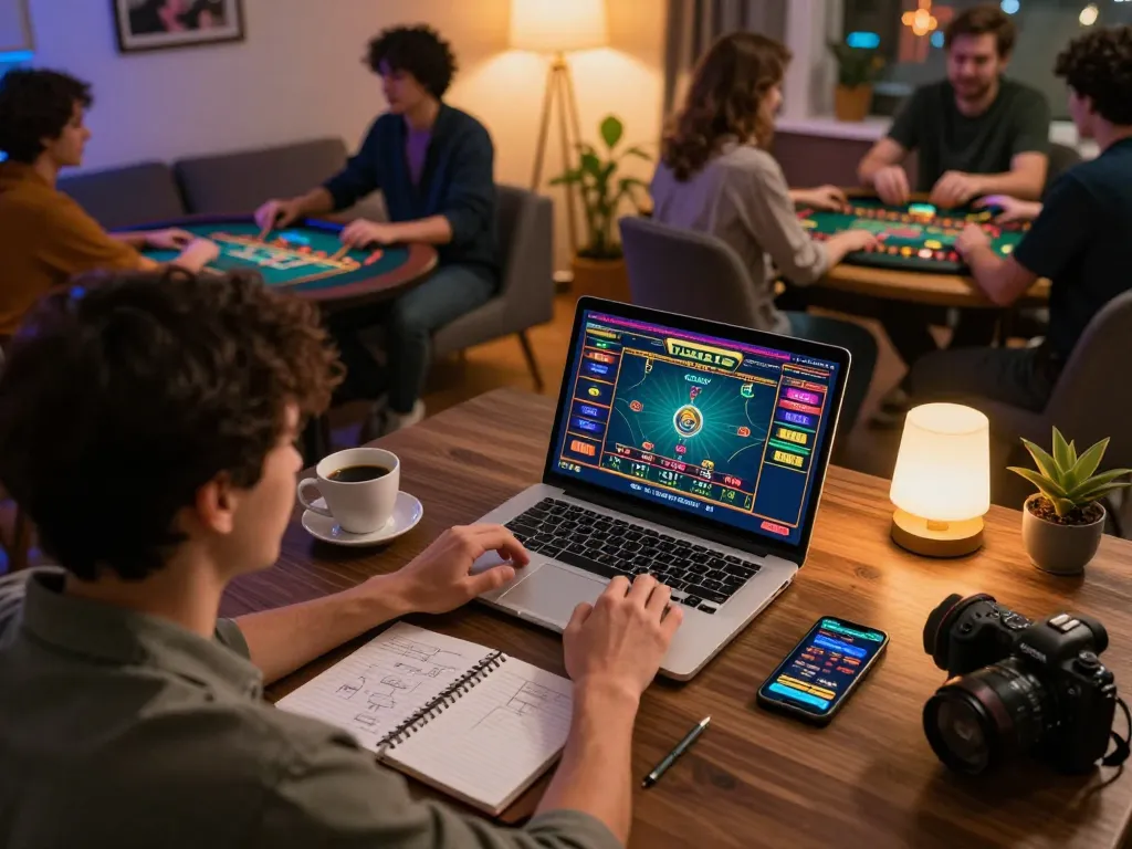 Engaged player on a laptop enjoying uu88 online casino gaming, surrounded by strategy notes and a betting app.