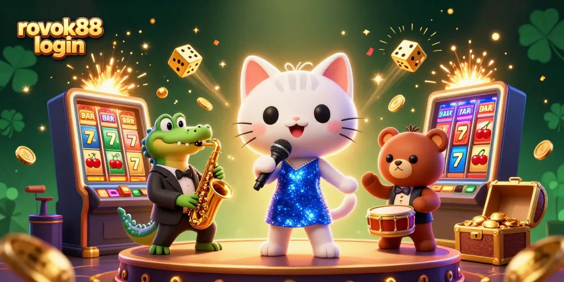 Engage with rokok88 login through a vibrant casino scene featuring jazzy characters and dynamic gaming elements.