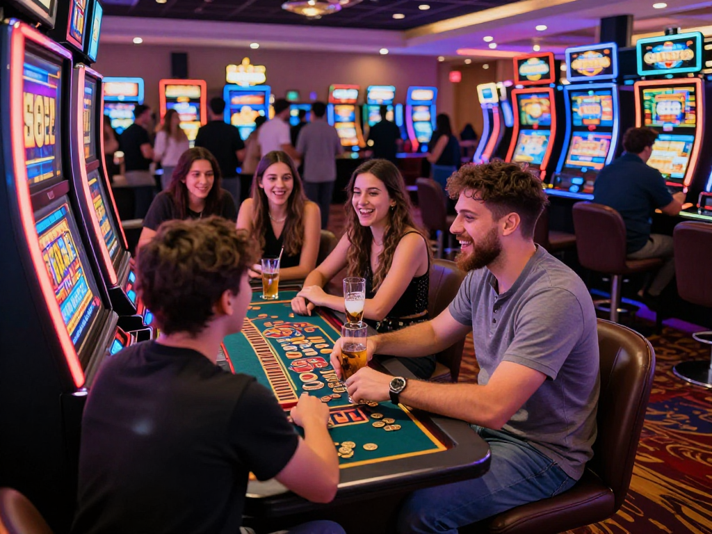 Friends enjoying a lively moment at a slot88 machine in a casino