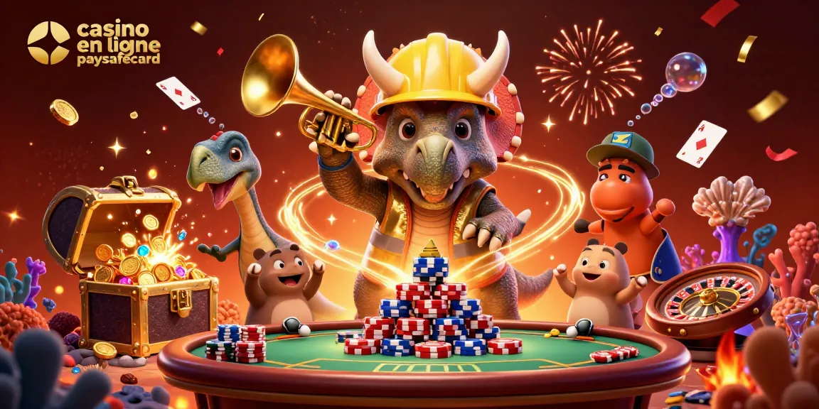 Casino en ligne paysafecard : ici, un triceratops construit une pyramide de jetons tout en célébrant.