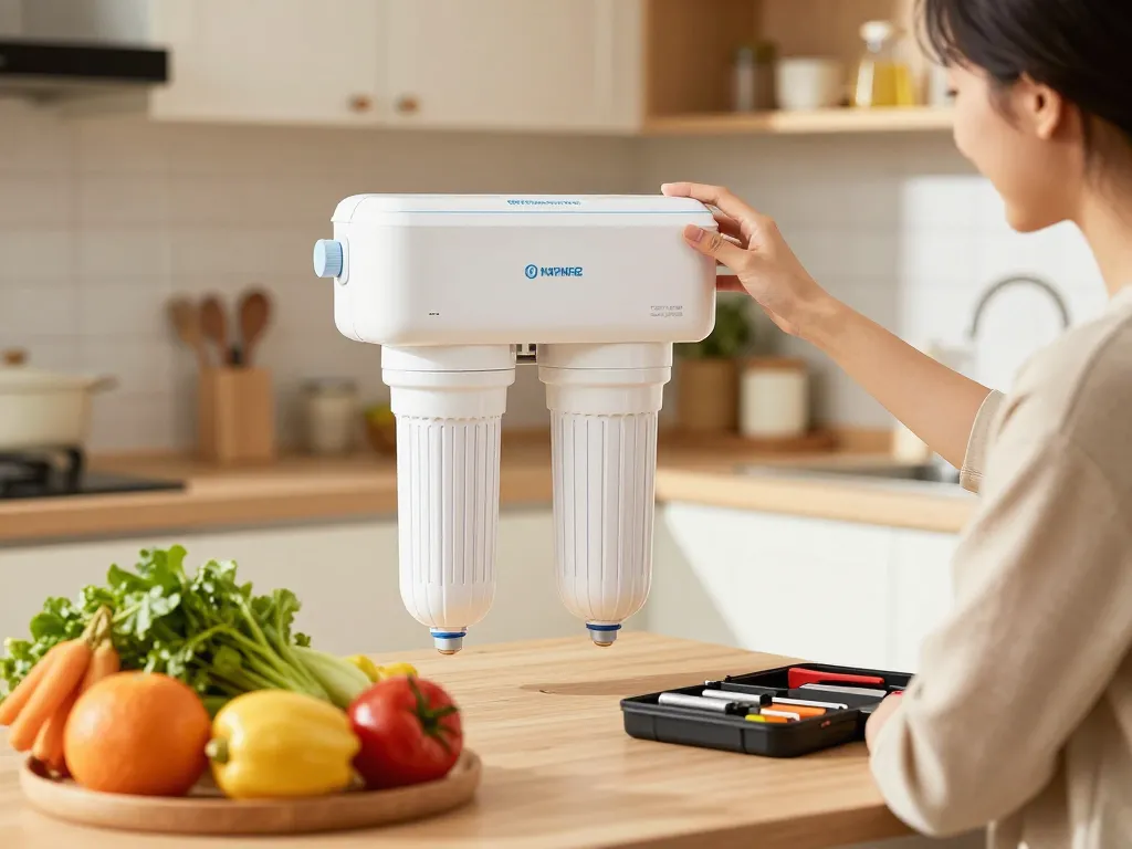Installing Waterdrop RPWF Refrigerator Water Filter (NOT RPWFE) in a modern kitchen for clean drinking water.