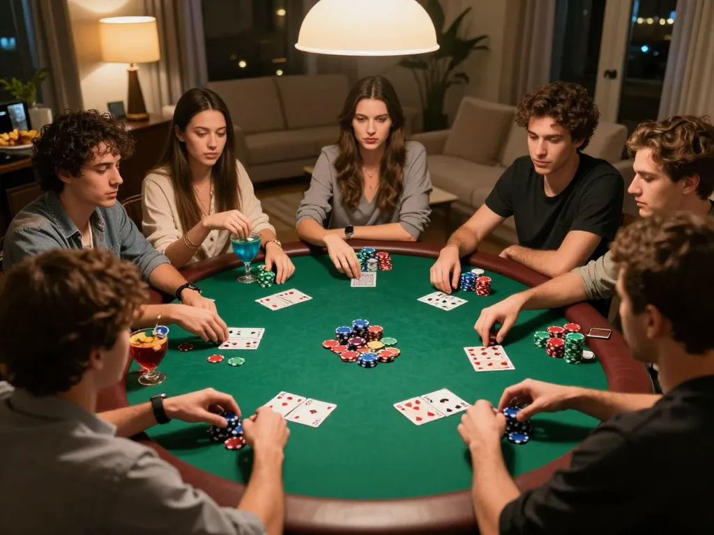 O8 poker night scene with friends betting chips and playing cards around a green felt table, lively atmosphere.