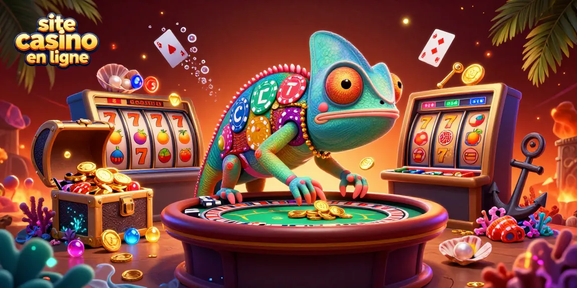 Jouez sur le site casino en ligne avec notre caméléon propriétaire attrapant des pièces en or et des symboles de machines à sous.