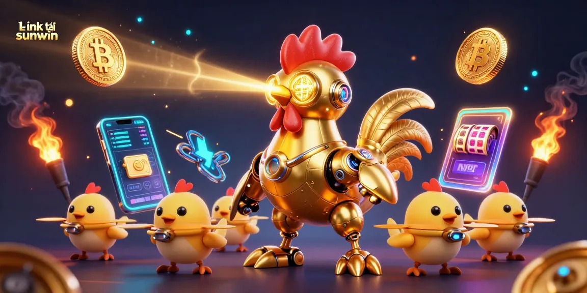 Win with Link tải sunwin as a gold rooster robot and baby chick drones navigate a neon gambling landscape.