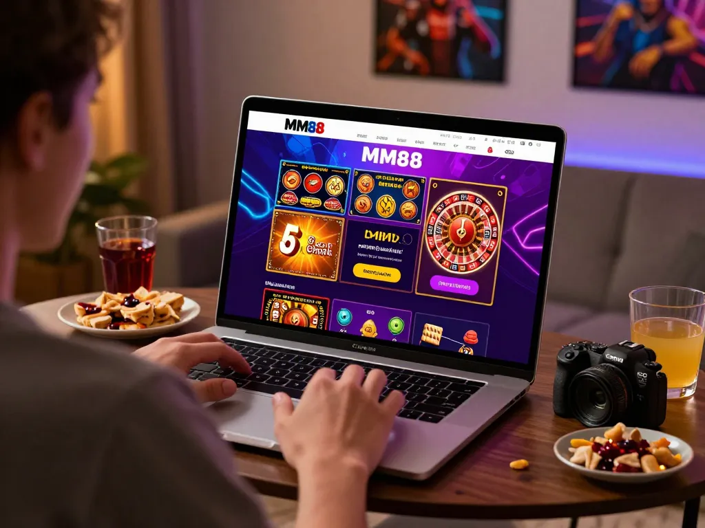 Engaging player exploring MM88 online betting site in a cozy setting with vibrant game graphics.