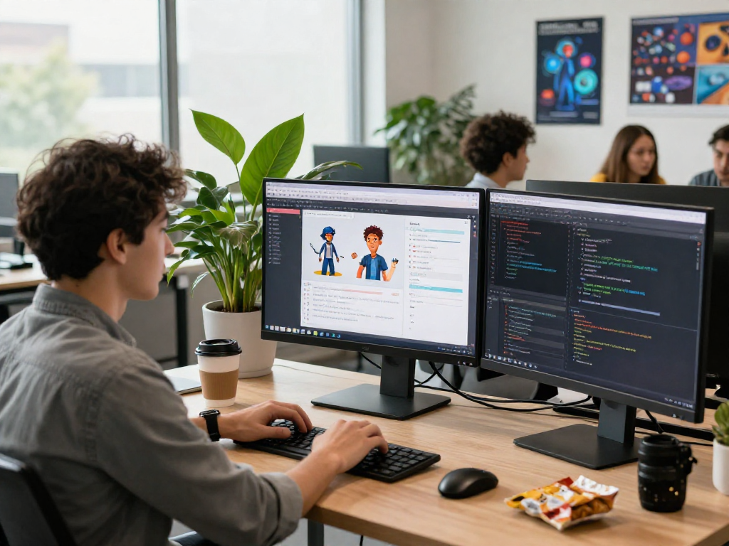 Character AI NSFW development workspace with dynamic screens and collaborative atmosphere.