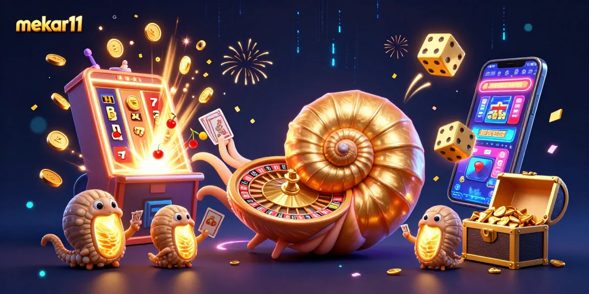 Mekar11 showcases an exciting 3D illustration of a nautilus roulette wheel amidst an explosion of jackpot coins.
