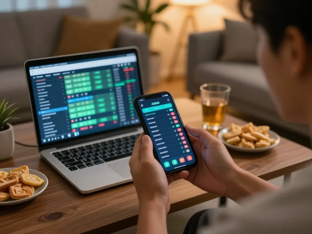 Engaging in live sports betting on Jun88 through smartphone, showcasing excitement in a comfortable home setting.
