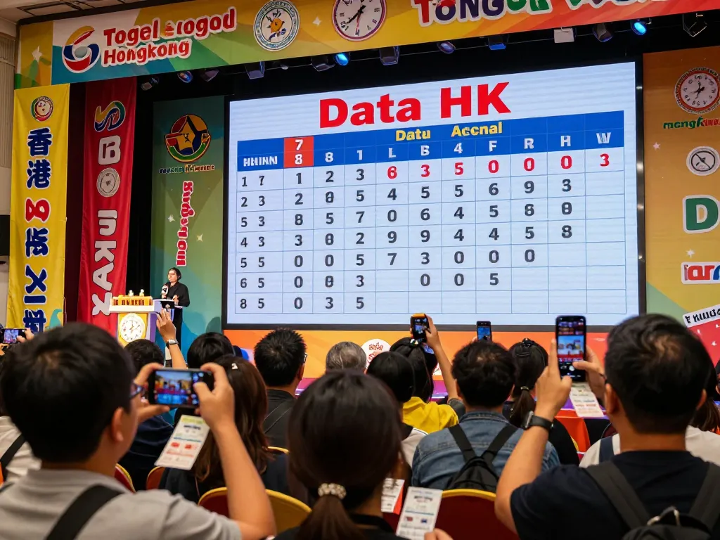 Audience captivated by live Data HK lottery draw results in Hong Kong, vibrant atmosphere with colorful banners.