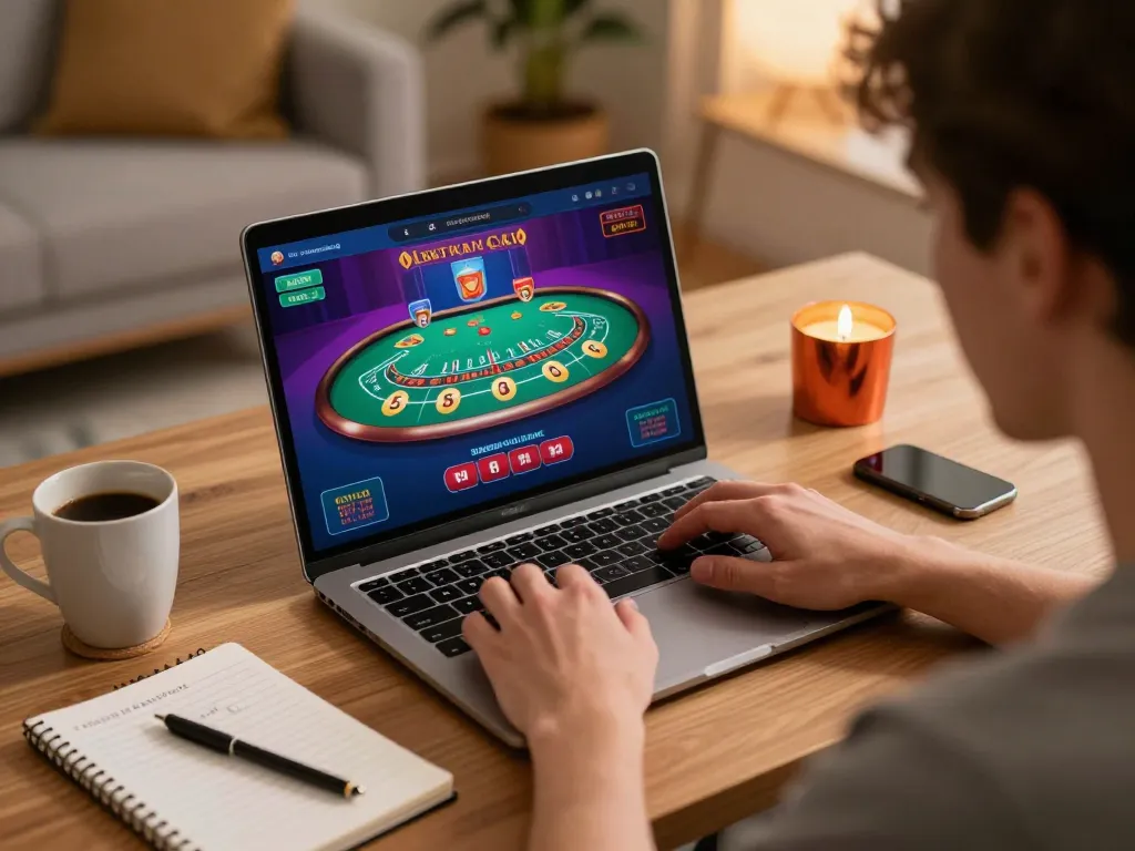 Player engaging in online blackjack at open88 com, showcasing a cozy gaming setup.