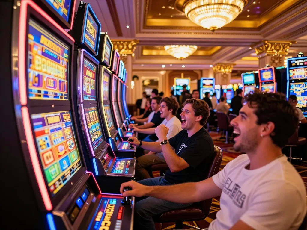 Players celebrating a big win at vaobet's vibrant slot machines in a luxurious casino setting.
