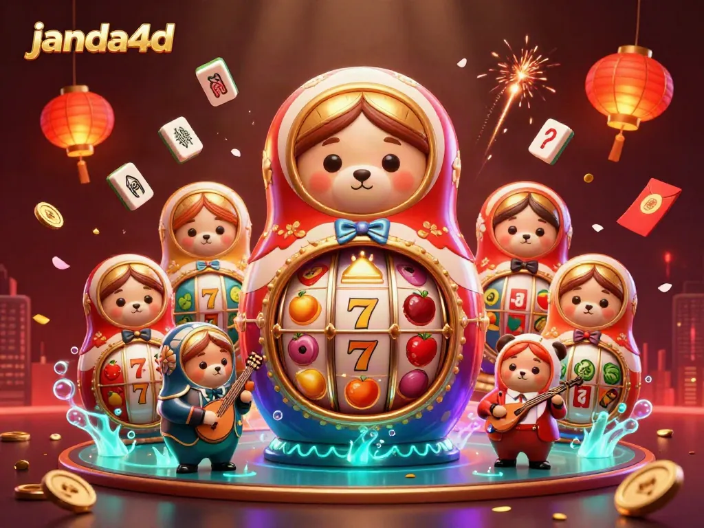Janda4d menampilkan momen beruntung dengan kasino digital dan dealer menarik dalam ilustrasi 3D.