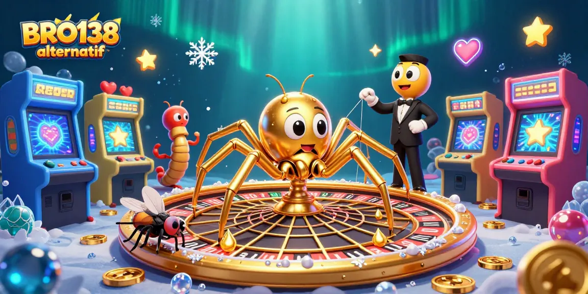 Engage with BRO138 alternatif while enjoying a vibrant casino-themed illustration depicting a spider spinning a roulette wheel web.