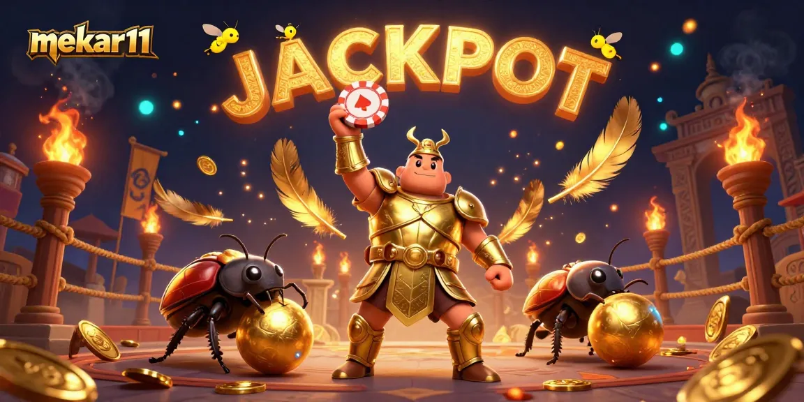 Celebrate winning on mekar11 with a heroic beetle and golden tokens in a vibrant casino scene.