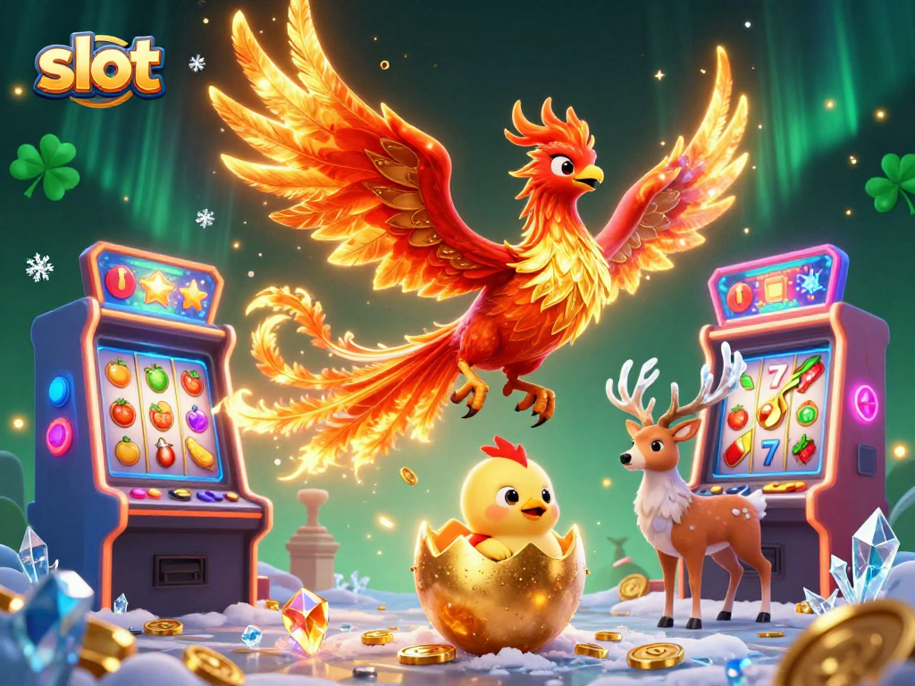 Experience thrilling slot gameplay with phoenix characters and jackpot elements in this vibrant illustration.