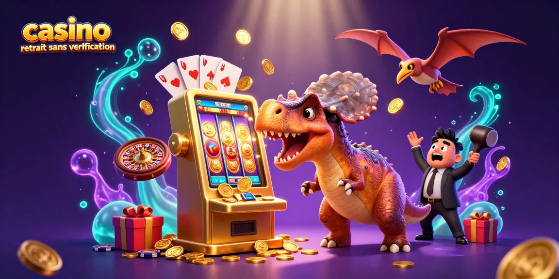 Illustration dynamique représentant un casino retrait sans vérification avec un dinosaure face à une machine à sous dorée