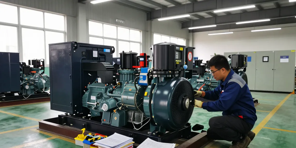 Technician performing maintenance on a diesel genset in a power facility