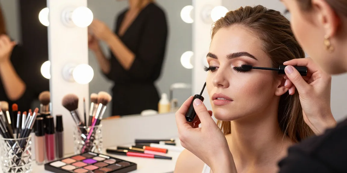 Model showcasing long lashes with luxe waterproof mascara applied, highlighting vibrant beauty products in a professional makeup studio.