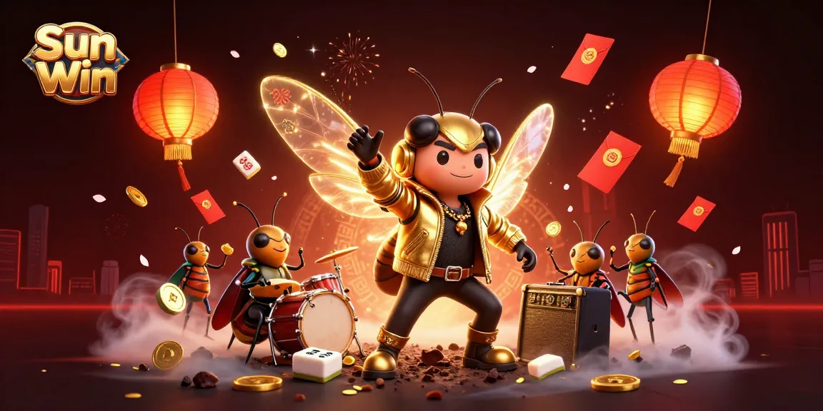 Sun Win showcases a rock star cicada in a vibrant 3D casino scene filled with lucky charms and game symbols.