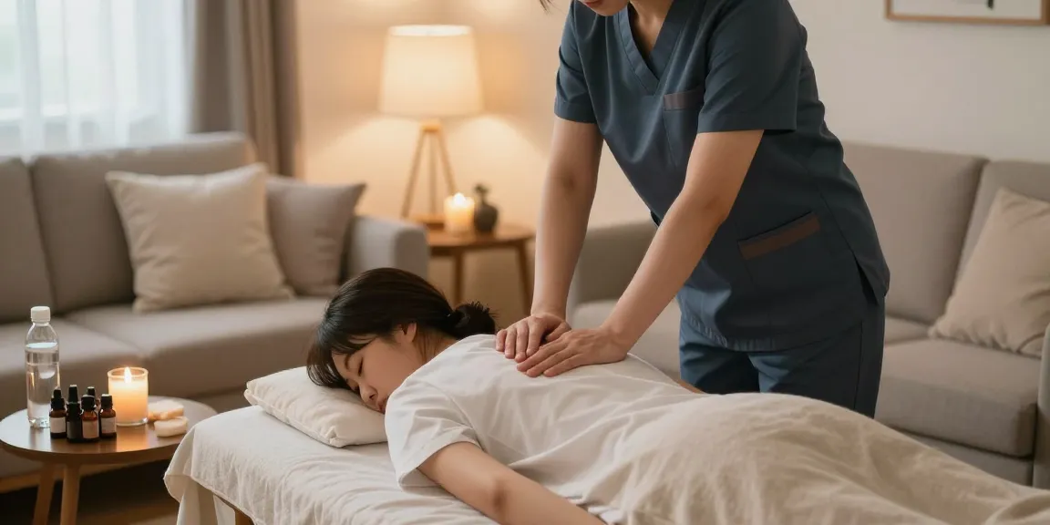 강남출장마사지의 편안한 홈케어 서비스 장면, 전문 관리사가 고객에게 마사지를 제공하는 모습