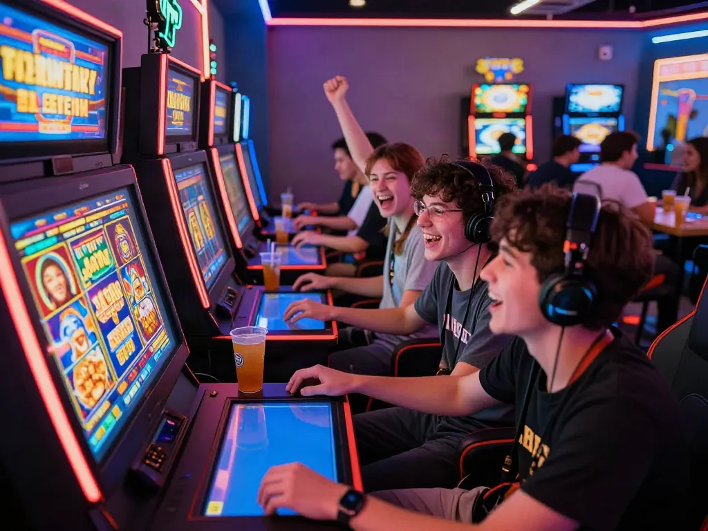 Pengalaman bermain slot777 di kafe game modern dengan pemain ceria.