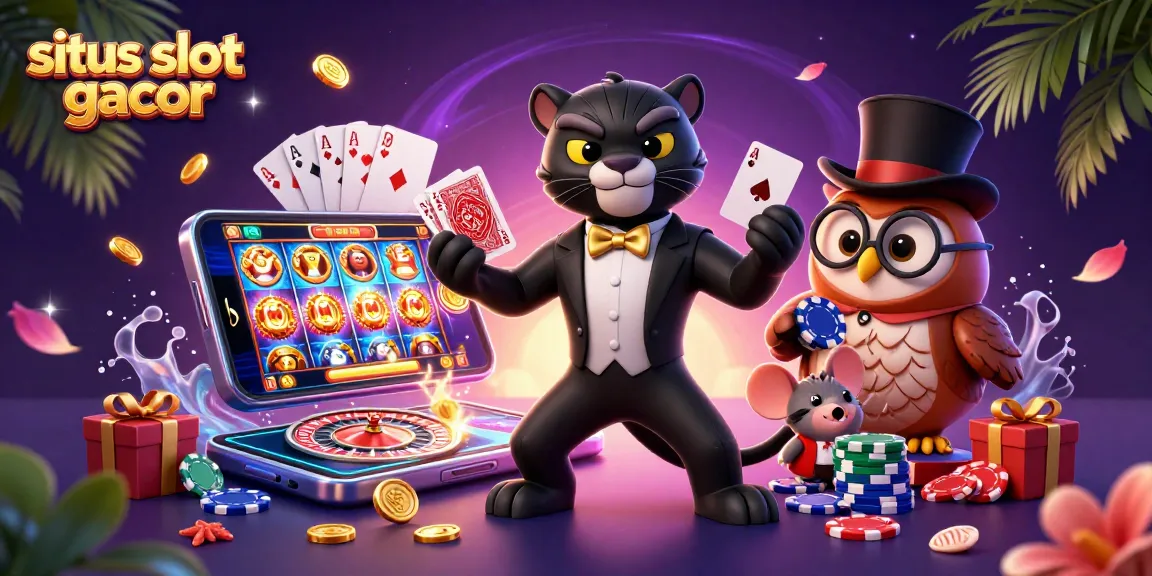 Situs slot gacor menampilkan panther elegan menangani kartu dan karakter lucu dengan chip poker