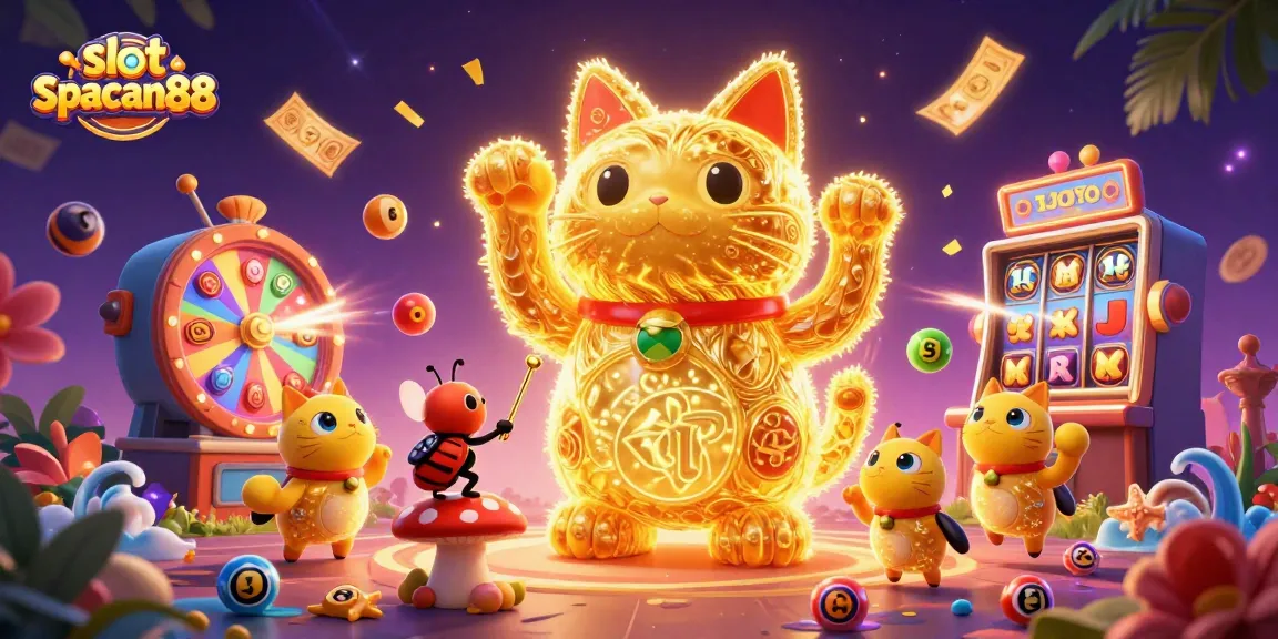 Engage with slot spaceman88 featuring a lively lucky cat and colorful casino elements.