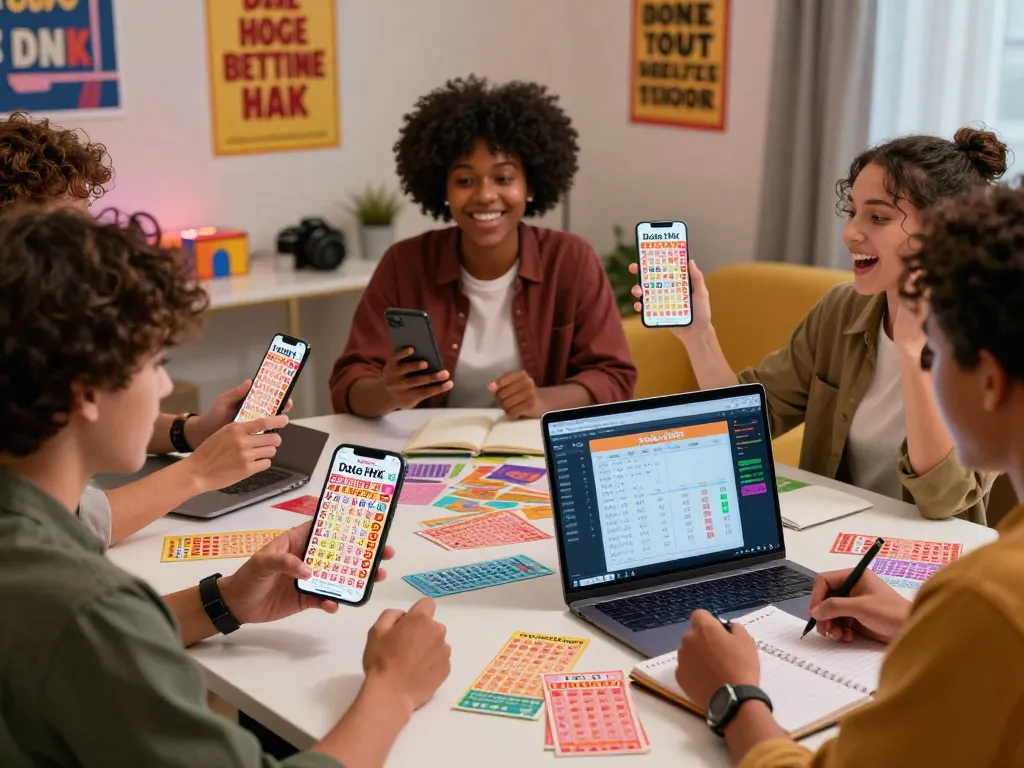 Players celebrating and analyzing Data HK lottery results on various devices in an engaging and inviting atmosphere.
