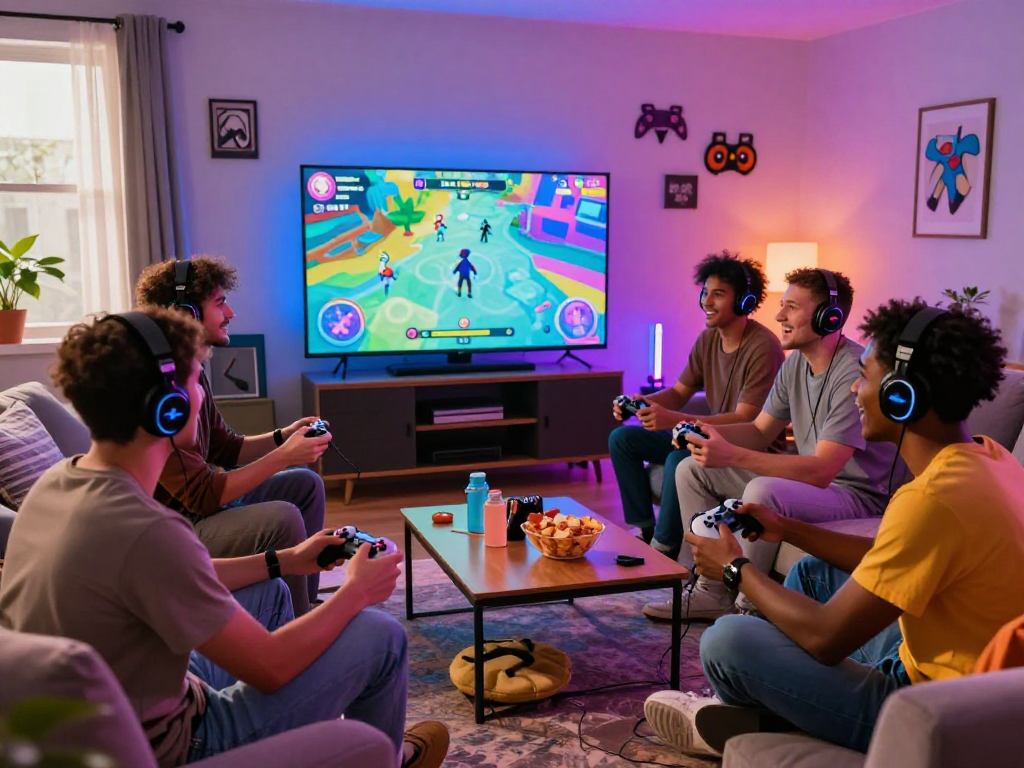 Friends enjoying a vibrant multiplayer porngame on a big screen, showcasing excitement and camaraderie in a cozy living room.